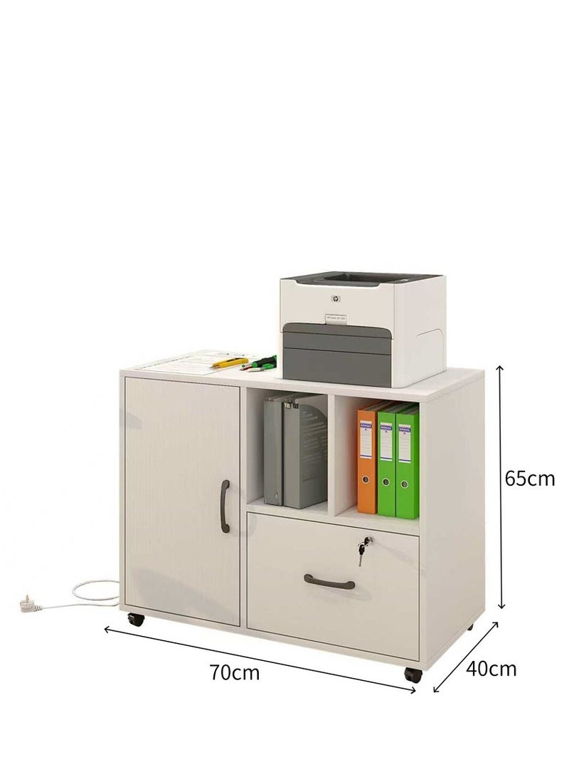 خزانة الملفات ، طابعة مفتوحة تخزين الرف مع عجلات ، خشبية الجانب خزانة أرضية وثيقة الجدول مع الدرج ، مكتب المنزل أثاث الفضاء المنظم ، 70 * 40 * 65 سم (WJG004 ، الأبيض) - Image 4