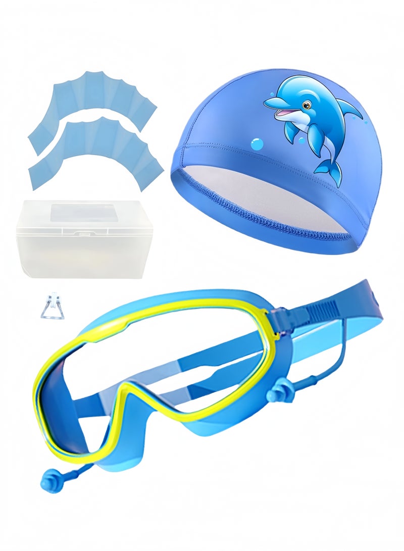 مجموعة نظارات سباحة مكونة من خمس قطع، نظارات سباحة مضادة للضباب، قبعة سباحة للشباب، نظارات سباحة للأطفال، نظارات سباحة كرتونية، نظارات سباحة للأطفال، نظارات غوص، غطاء أنف للسباحة - Image 1