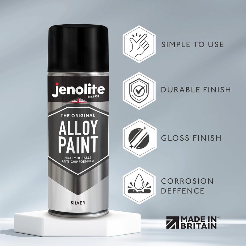 JENOLITE طلاء رش عجلات الألمنيوم الفضي JENOLITE | 400 مل | طلاء عجلات ألمنيوم فاخر | مقاوم للتآكل | استعادة وتجديد عجلات الألمنيوم جودة ثابتة - Image 1