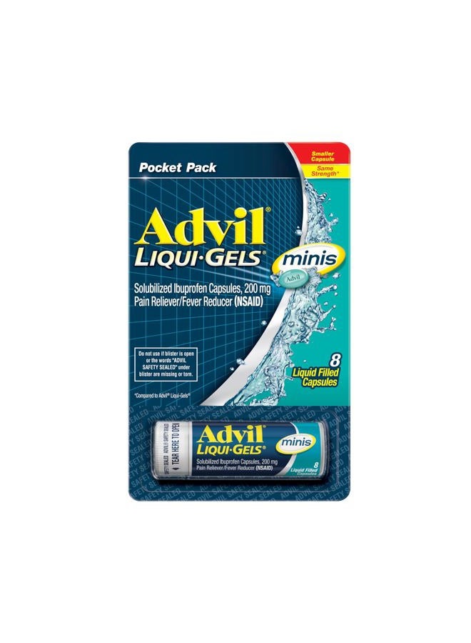 Advil Liqui-Gels minis Pain Reliever and Fever Reducer, Pain Medicine for Adults with Ibuprofen 200mg for Pain Relief - 8 Liquid Filled Capsules - Image 1