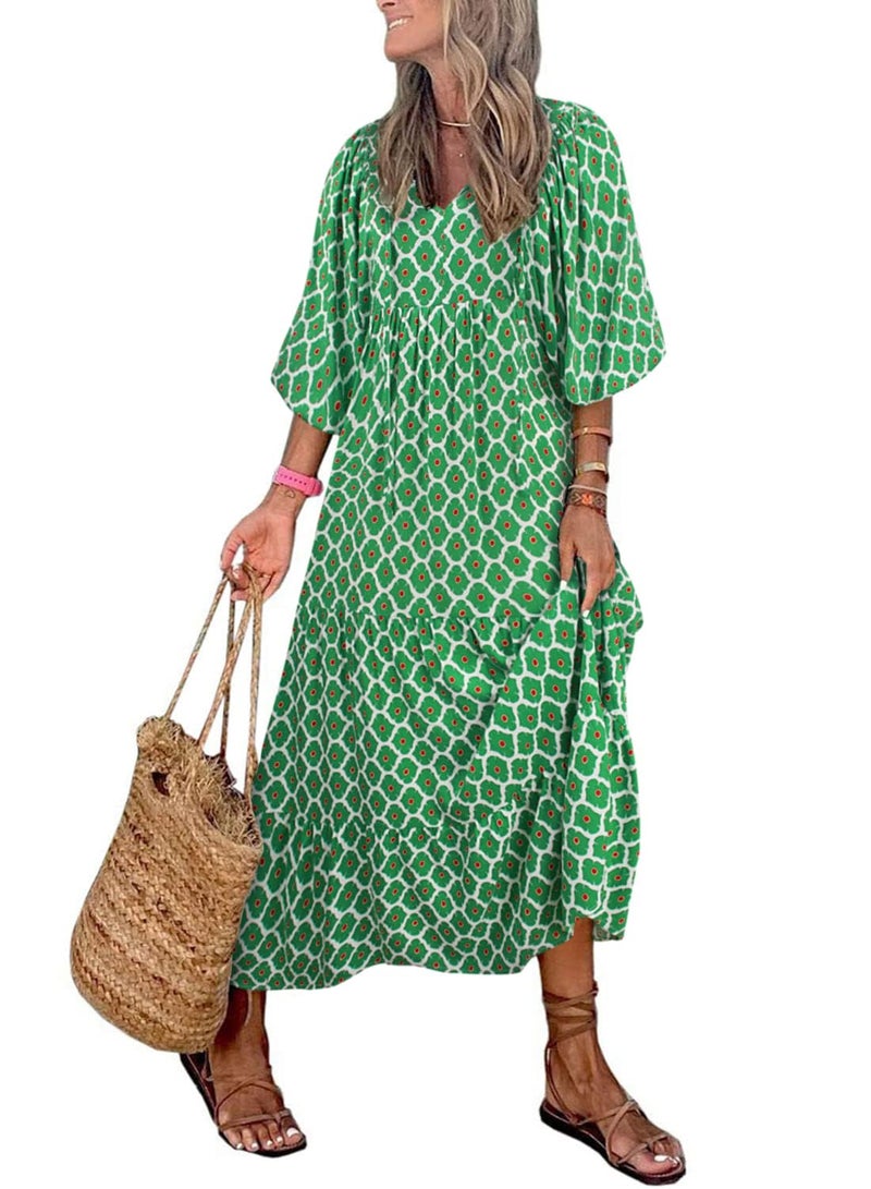 miduo Womens Loose Fit V Neck Half Sleeve Bohemian Geometric Diamond Pattern Maxi Long Dresses Boho Ankle Dresses Green M - Image 1