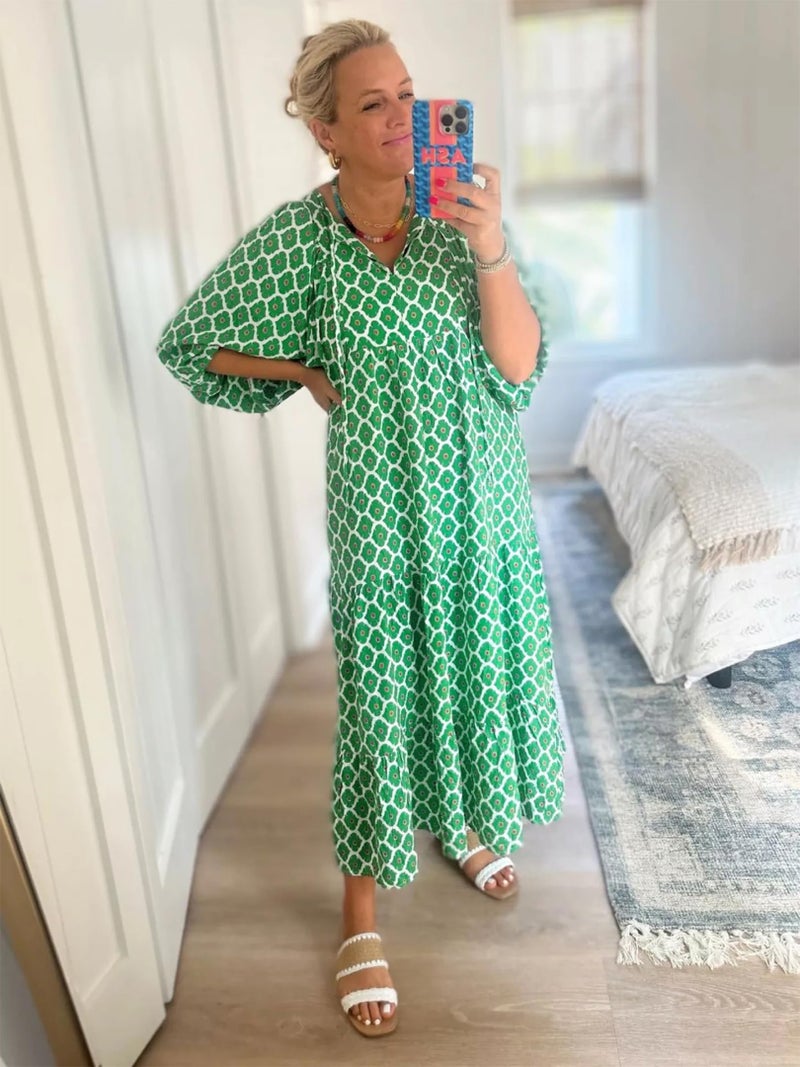 miduo Womens Loose Fit V Neck Half Sleeve Bohemian Geometric Diamond Pattern Maxi Long Dresses Boho Ankle Dresses Green M - Image 5
