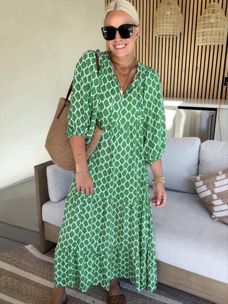 miduo Womens Loose Fit V Neck Half Sleeve Bohemian Geometric Diamond Pattern Maxi Long Dresses Boho Ankle Dresses Green M - Image 4