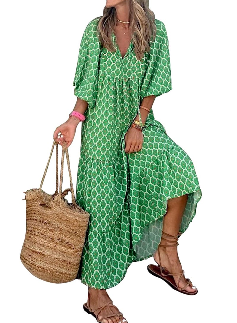 miduo Womens Loose Fit V Neck Half Sleeve Bohemian Geometric Diamond Pattern Maxi Long Dresses Boho Ankle Dresses Green M - Image 2