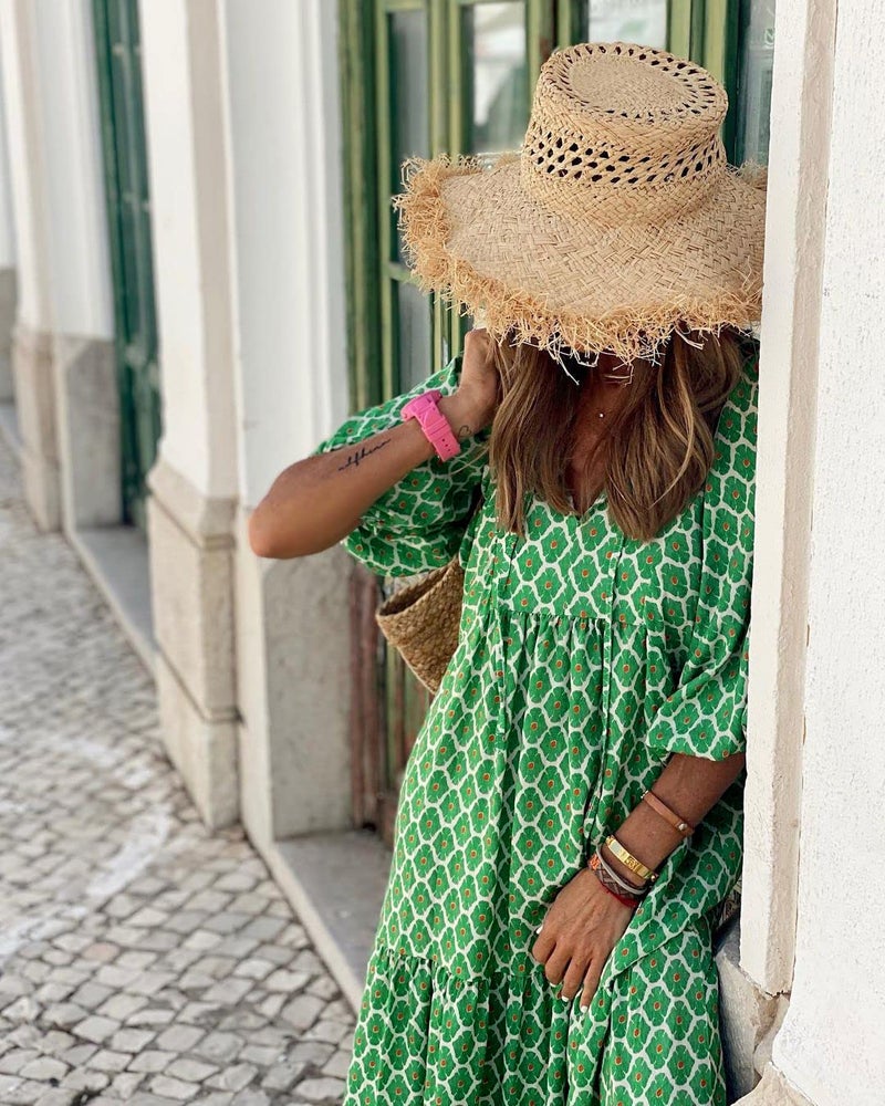 miduo Womens Loose Fit V Neck Half Sleeve Bohemian Geometric Diamond Pattern Maxi Long Dresses Boho Ankle Dresses Green M - Image 3