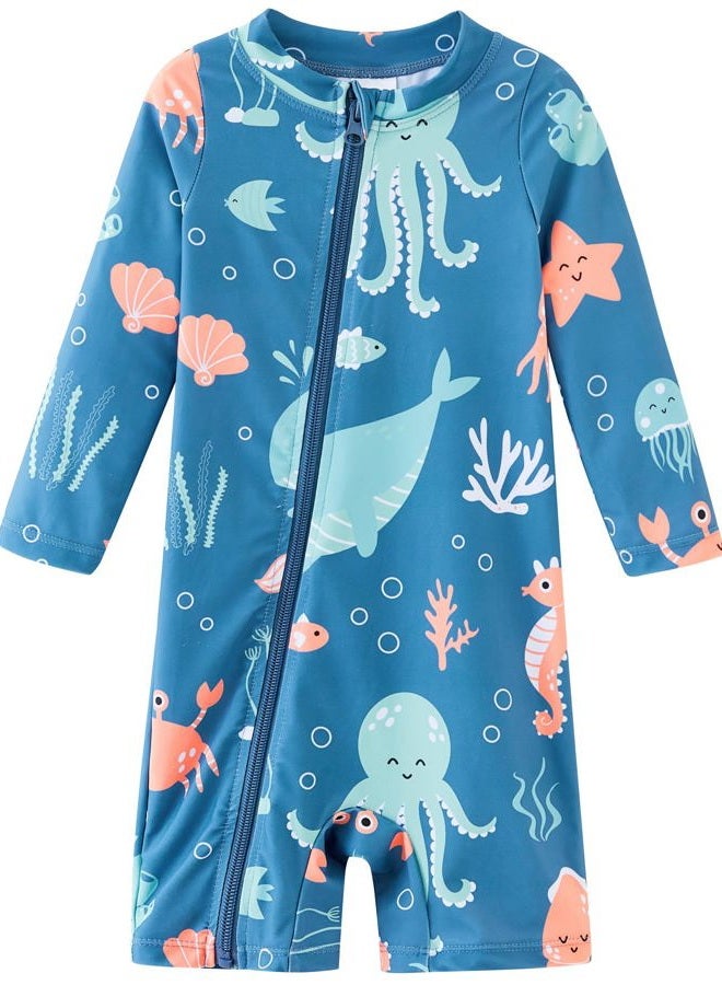 UMELOK Baby Boy Swimwear Infant Bathing Suit Rash Guard Swimwear UPF 50+ Sun Protection Swimsuit Rashguard Sunsuit Blue, Marine animals-12-18M - Image 1