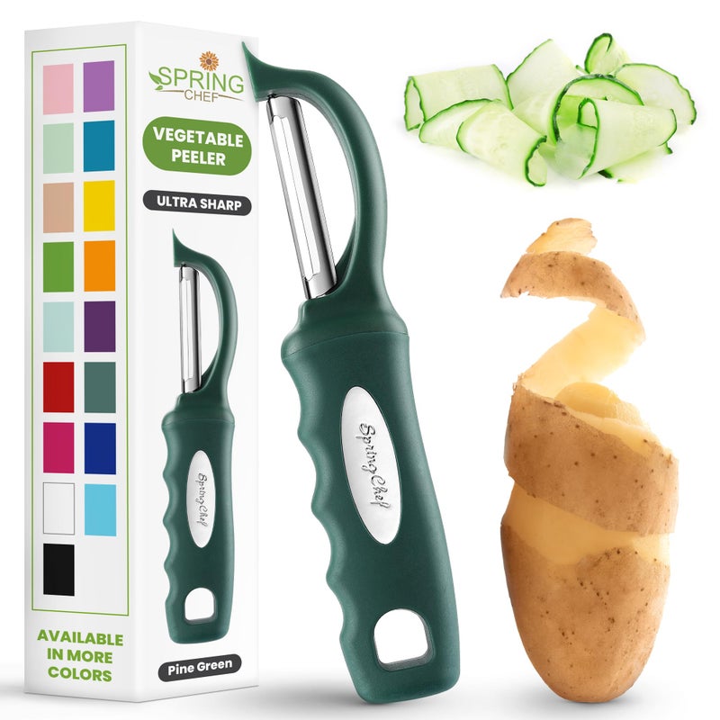 Spring Chef Professional Swivel Vegetable Peeler for Kitchen, Stainless Steel Potato Peeler with Comfortable Handle, Great for Apple, Veggie, Carrot, Cucumber - Dishwasher Safe - Pine Green - Image 1