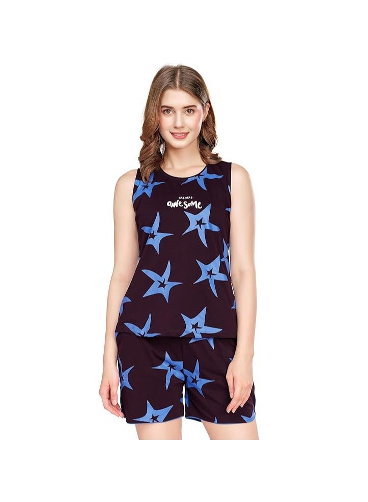 Accessorize Kingdom Hosiery Cotton Night Suit for Women's Star Printed Cotton Night Dress of Top And Short's Set Pajama Set  - Image 1