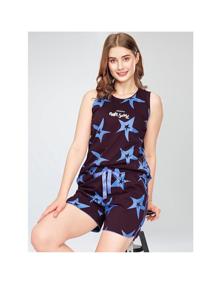 Accessorize Kingdom Hosiery Cotton Night Suit for Women's Star Printed Cotton Night Dress of Top And Short's Set Pajama Set  - Image 3
