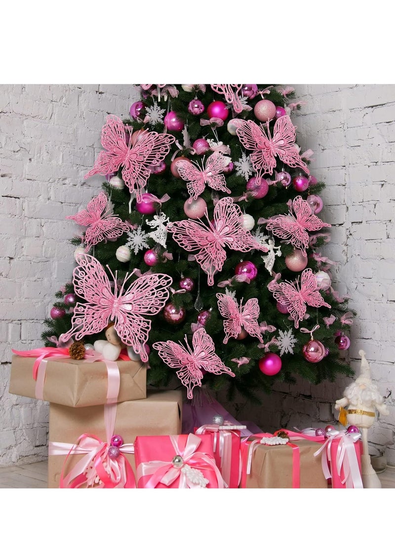 Excefore 36 Pcs Pink Ornaments 3 Size Glitter Hollow Butterfly Hanging Decorations with Clips and Stems for Holiday Party Crafts Tree (Pink) - Image 3