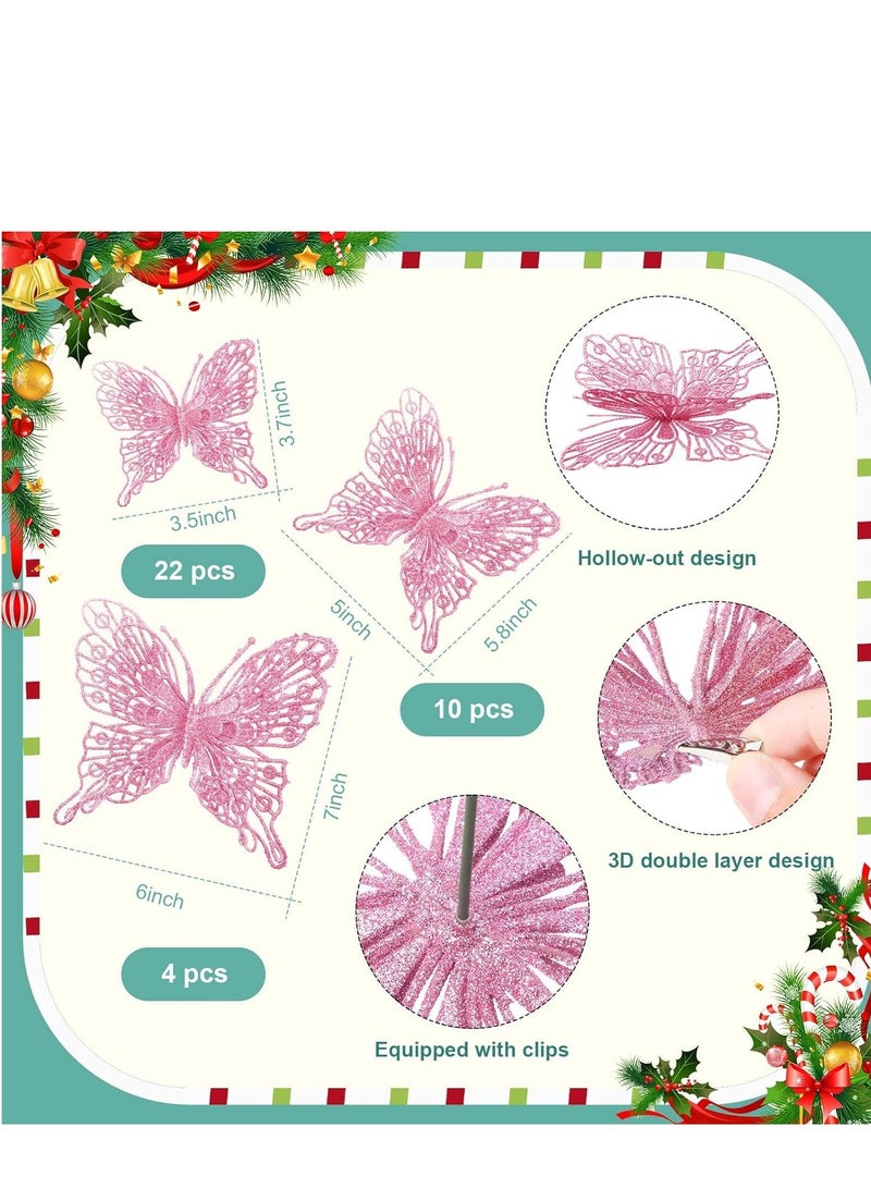 Excefore 36 Pcs Pink Ornaments 3 Size Glitter Hollow Butterfly Hanging Decorations with Clips and Stems for Holiday Party Crafts Tree (Pink) - Image 4