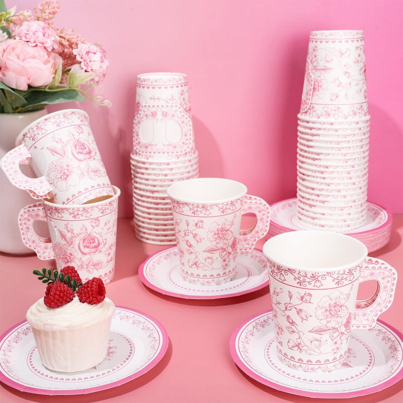 Whaline 80 Pcs Pink White Floral Paper Tea Cups and Saucers Porcelain Chinoiserie Flower 9oz Disposable 40 Teacups with Handle and 40 Dessert Plates for Wedding Baby Shower Birthday Spring Tea Party - Image 4
