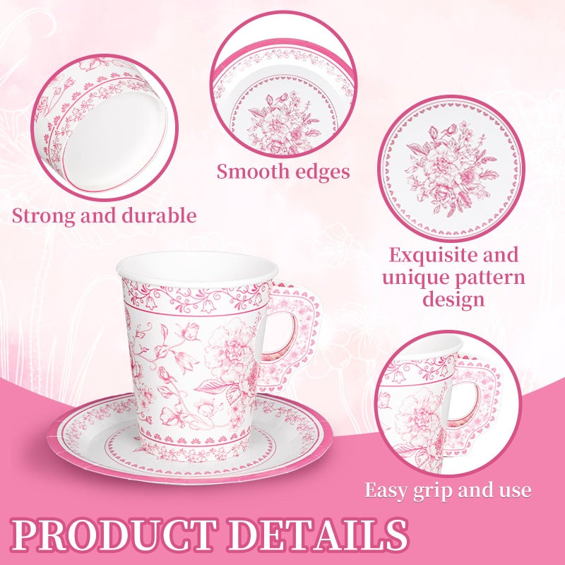 Whaline 80 Pcs Pink White Floral Paper Tea Cups and Saucers Porcelain Chinoiserie Flower 9oz Disposable 40 Teacups with Handle and 40 Dessert Plates for Wedding Baby Shower Birthday Spring Tea Party - Image 3