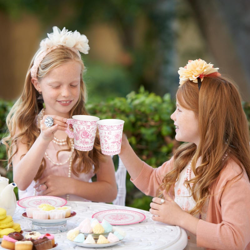 Whaline 80 Pcs Pink White Floral Paper Tea Cups and Saucers Porcelain Chinoiserie Flower 9oz Disposable 40 Teacups with Handle and 40 Dessert Plates for Wedding Baby Shower Birthday Spring Tea Party - Image 5