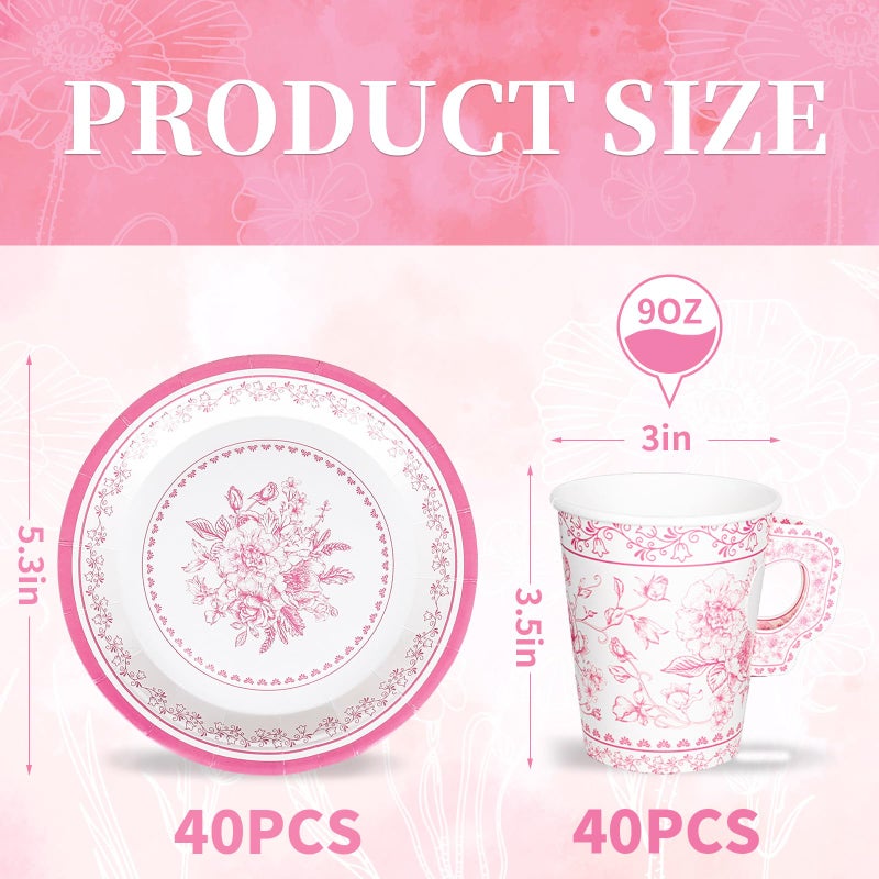 Whaline 80 Pcs Pink White Floral Paper Tea Cups and Saucers Porcelain Chinoiserie Flower 9oz Disposable 40 Teacups with Handle and 40 Dessert Plates for Wedding Baby Shower Birthday Spring Tea Party - Image 2