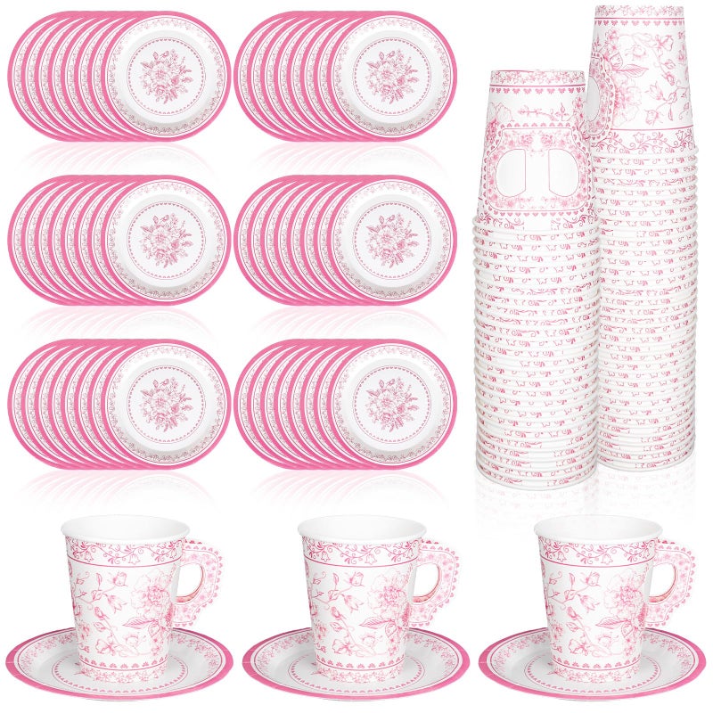 Whaline 80 Pcs Pink White Floral Paper Tea Cups and Saucers Porcelain Chinoiserie Flower 9oz Disposable 40 Teacups with Handle and 40 Dessert Plates for Wedding Baby Shower Birthday Spring Tea Party - Image 1