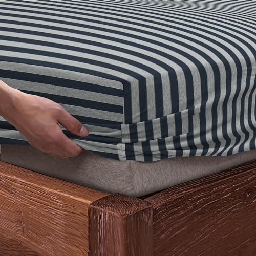 SleepyCat Jersey Fitted Sheet with 1 Complimentary Standard Pillow Cases | Knitted Jersey Fabric | Wrinkle and Iron Free Fitted Sheet Set, Bluewave Stripe (Double Size, 72x48), 140 TC - Image 1