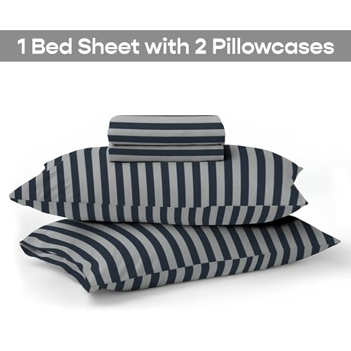 SleepyCat Jersey Fitted Sheet with 1 Complimentary Standard Pillow Cases | Knitted Jersey Fabric | Wrinkle and Iron Free Fitted Sheet Set, Bluewave Stripe (Double Size, 72x48), 140 TC - Image 3
