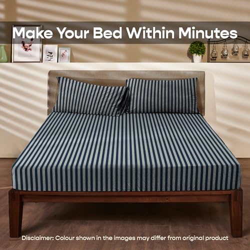 SleepyCat Jersey Fitted Sheet with 1 Complimentary Standard Pillow Cases | Knitted Jersey Fabric | Wrinkle and Iron Free Fitted Sheet Set, Bluewave Stripe (Double Size, 72x48), 140 TC - Image 2