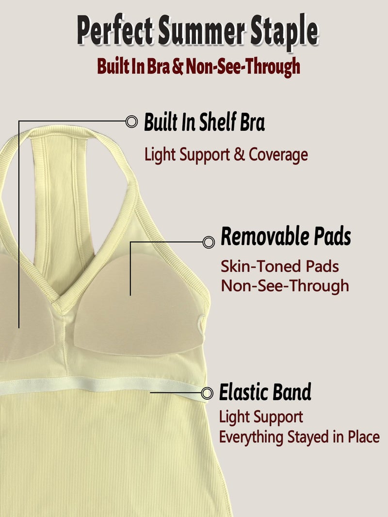 Danysu V Neck Racerback Built-in Bra Tank Tops for Women Trendy Cotton Ribbed Basic Halter Top Cream Yellow M - Image 4