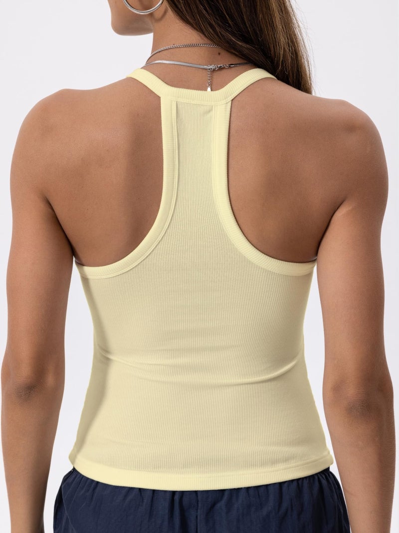 Danysu V Neck Racerback Built-in Bra Tank Tops for Women Trendy Cotton Ribbed Basic Halter Top Cream Yellow M - Image 2