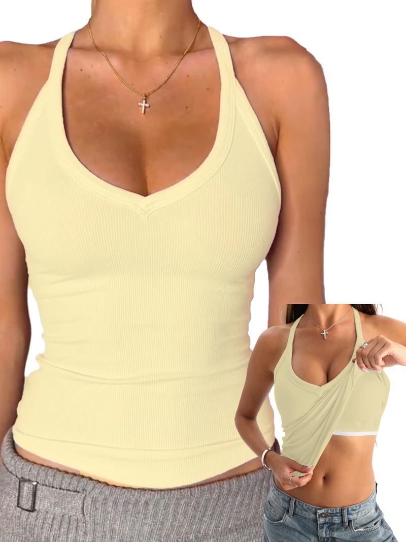 Danysu V Neck Racerback Built-in Bra Tank Tops for Women Trendy Cotton Ribbed Basic Halter Top Cream Yellow M - Image 1
