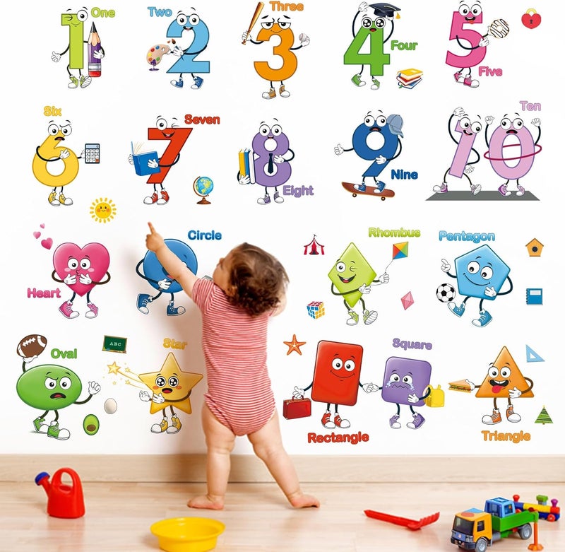 decalmile Colorful Shapes Numbers Wall Decals Educational Learning Geometry Wall Stickers Kids Toddler Room Preschool Classroom Daycare Wall Decor - Image 1