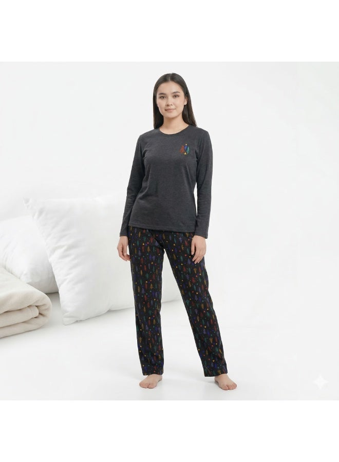 Women's 2-Piece Long-Sleeve Pajama Set, Charcoal Top with Colorful Pine Tree Embroidery, All-Over Colorful Tree Print Pants, Soft & Comfortable Loungewear - Fits up to 70kg