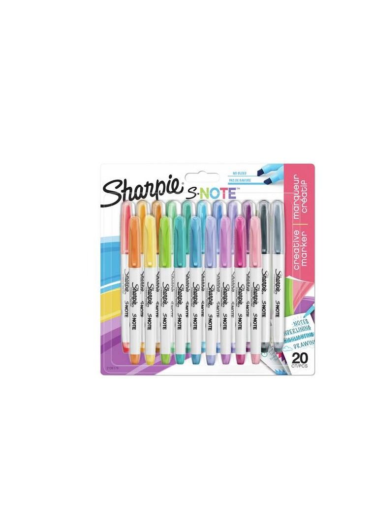 مجموعة أقلام تحديد إبداعية من شاربي S-Note ذات طرف مشطوف، مكونة من 20 قطعة، متعددة الألوان