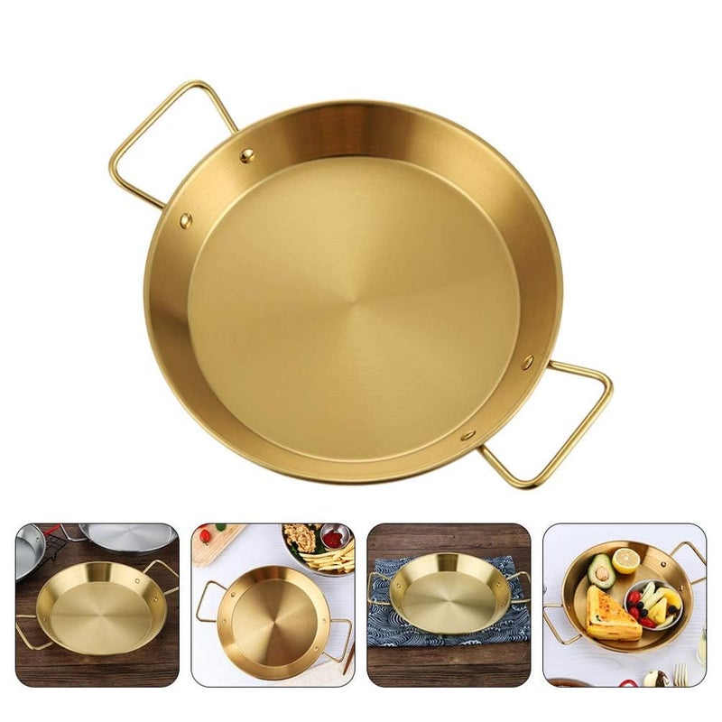 VALAJOGI Stainless Steel 24 cm Paella Pan NonStick Frying Wok for Spaghetti Fried Chicken Stir Fry Rice Double Handle Spanish Cooking Pot for Home Restaurant HeavyDuty Camping Golden - Image 3