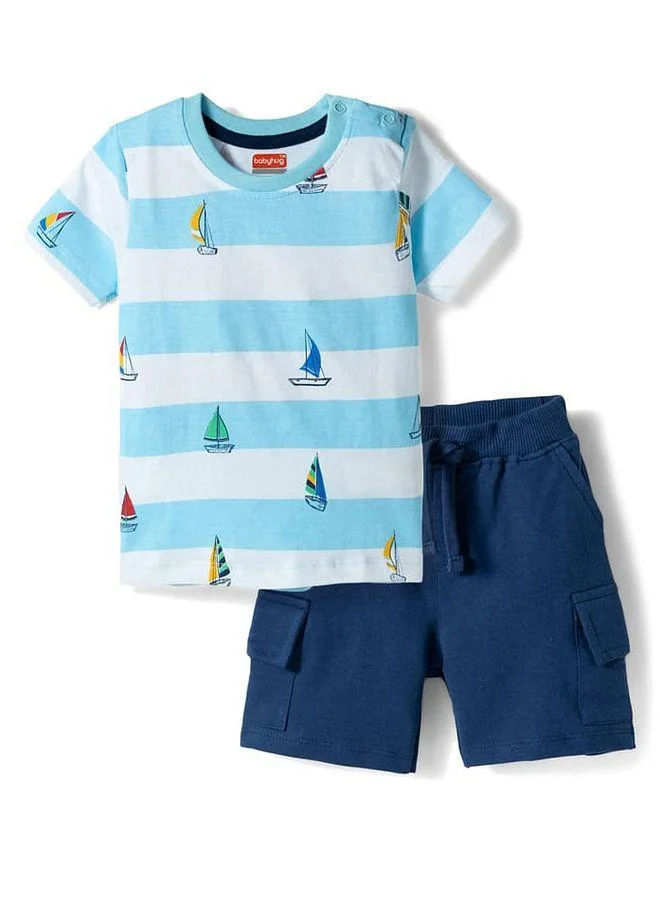 Babyhug Babyhug 100% Cotton Knit Half Sleeves Striped & Nautical Theme Printed T-Shirt & Short Set With Cargo Pockets - Blue