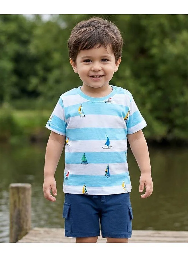 Babyhug Babyhug 100% Cotton Knit Half Sleeves Striped & Nautical Theme Printed T-Shirt & Short Set With Cargo Pockets - Blue