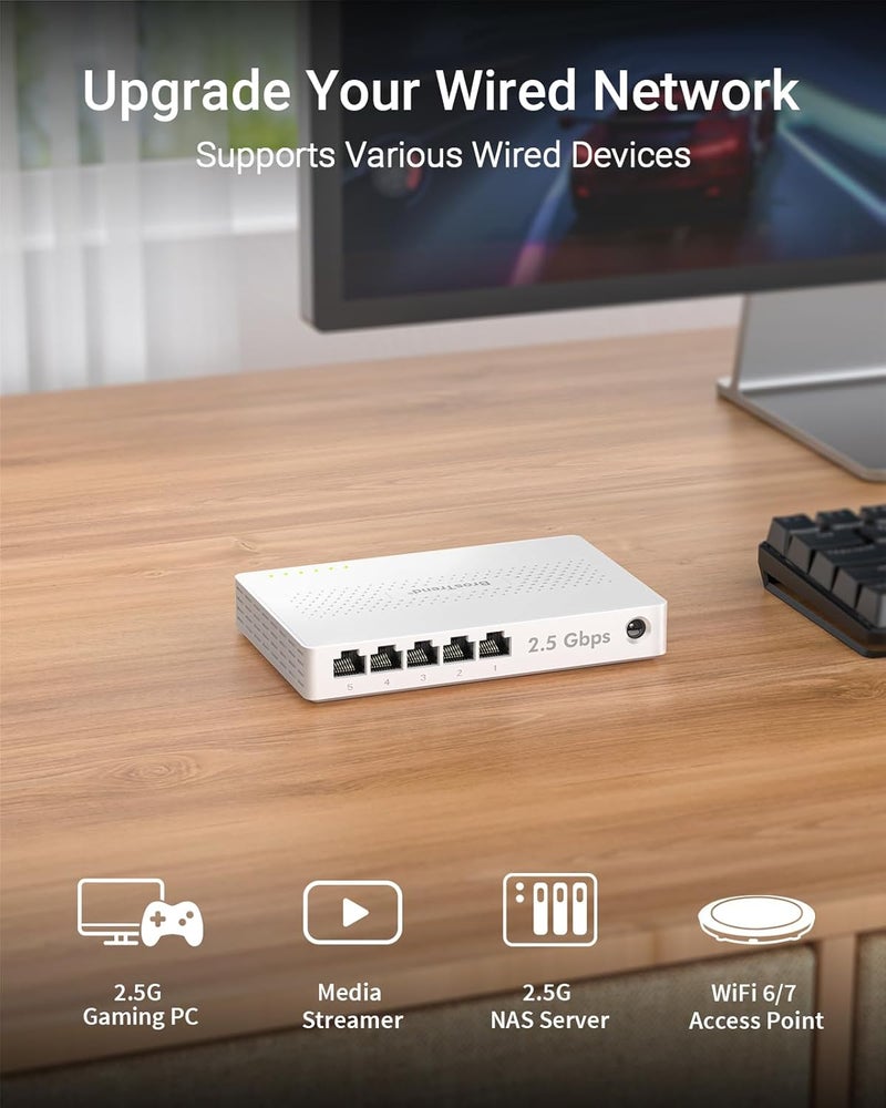 BrosTrend 5 Port 2.5Gb Network Switch, Multi-Gigabit Unmanaged Ethernet Switch, Ethernet Splitter for Gaming Office Home NAS PC w/ Fanless Design, Desktop Wall-Mount, Plug & Play, Lifetime Protection - Image 3