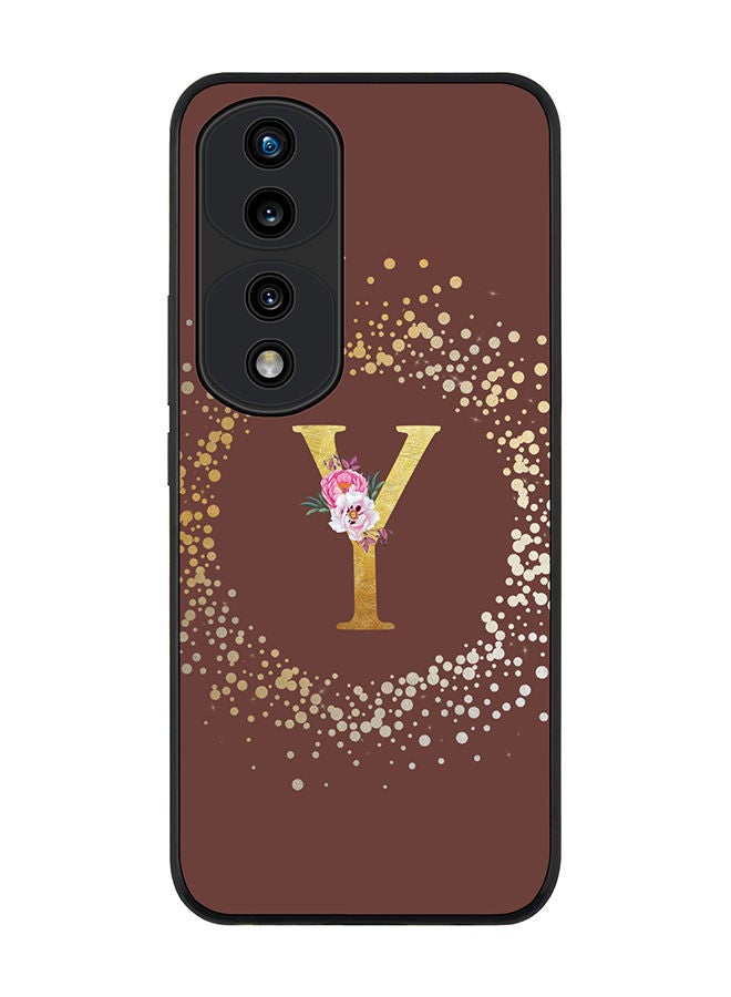 Stylizedd Rugged Black edge case for Honor 70 Pro Slim fit Soft Case Flexible Rubber Edges TPU Gel Thin Cover - Custom Monogram Initial Letter Floral Pattern Alphabet - Y (Brown) - Image 1