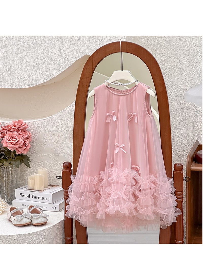 Pink Bow-Embellished Ruffled Tulle Princess Dress for Toddler Girls, Perfect for Birthday Parties, Photo Shoots & Special Occasions, Fits Height 83–90 cm (1–2 Y, 9–12 kg), Soft Polyester  - Image 1