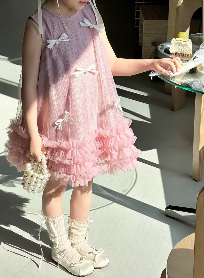 Pink Bow-Embellished Ruffled Tulle Princess Dress for Toddler Girls, Perfect for Birthday Parties, Photo Shoots & Special Occasions, Fits Height 83–90 cm (1–2 Y, 9–12 kg), Soft Polyester  - Image 5