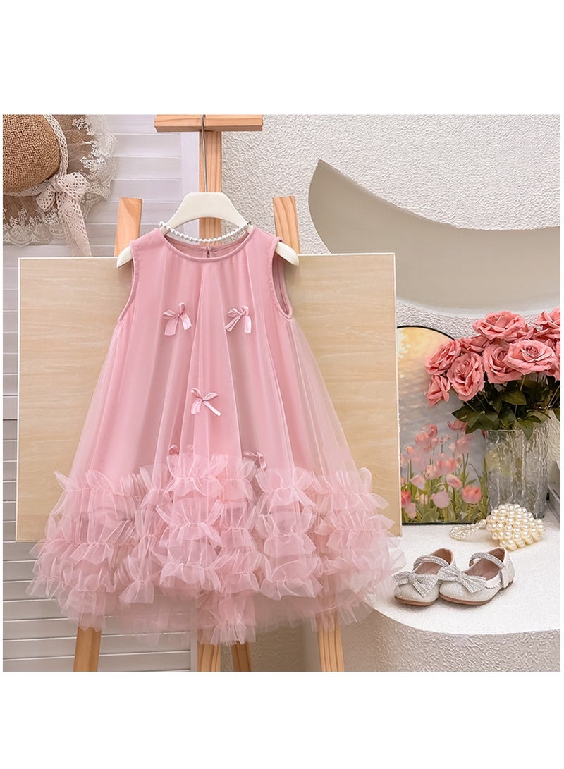 Pink Bow-Embellished Ruffled Tulle Princess Dress for Toddler Girls, Perfect for Birthday Parties, Photo Shoots & Special Occasions, Fits Height 83–90 cm (1–2 Y, 9–12 kg), Soft Polyester  - Image 2