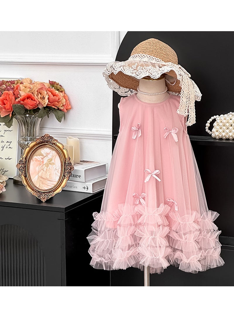 Pink Bow-Embellished Ruffled Tulle Princess Dress for Toddler Girls, Perfect for Birthday Parties, Photo Shoots & Special Occasions, Fits Height 83–90 cm (1–2 Y, 9–12 kg), Soft Polyester  - Image 3