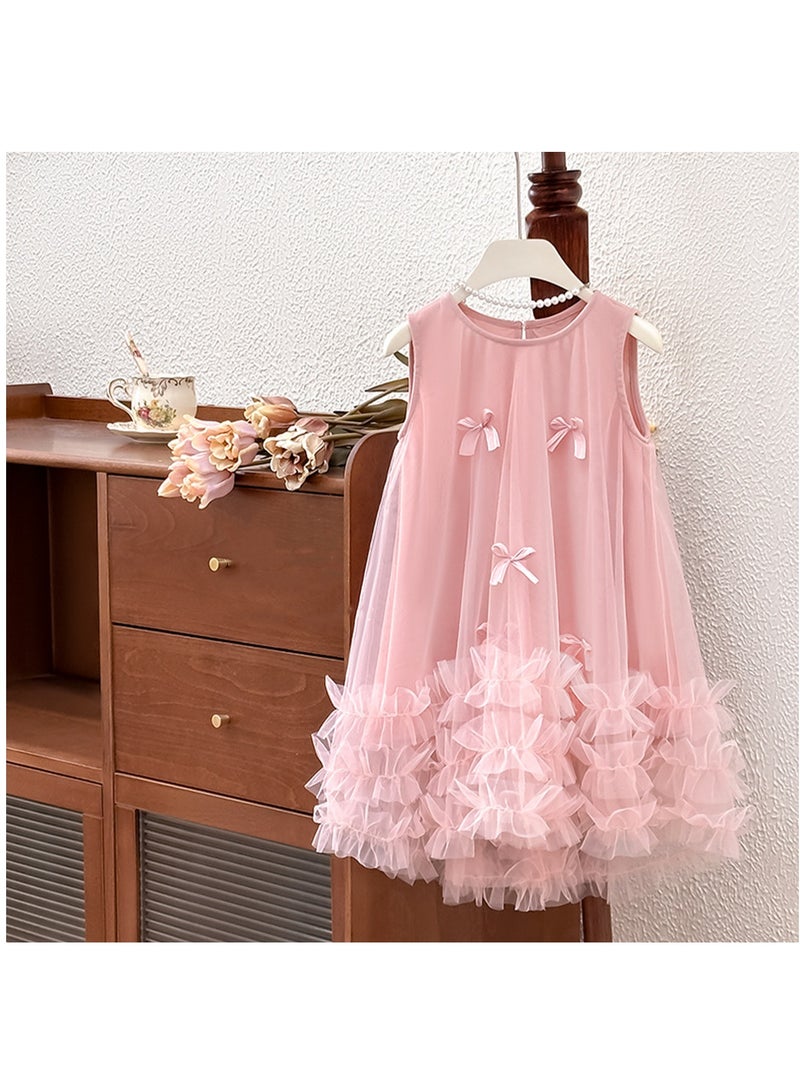Pink Bow-Embellished Ruffled Tulle Princess Dress for Toddler Girls, Perfect for Birthday Parties, Photo Shoots & Special Occasions, Fits Height 83–90 cm (1–2 Y, 9–12 kg), Soft Polyester  - Image 4