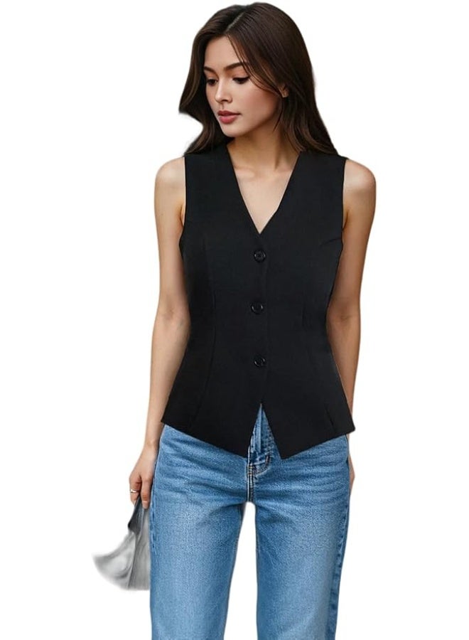 V-Neck Black Stretch Knitted Vest - Solid Regular Length, Buttoned - Twoaw25Ye00091