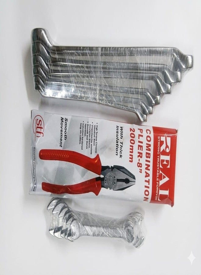 REAL stf مجموعة أدوات يدوية احترافية للمنزل والجراج تتضمن مفتاح ربط REAL stf -MTK 13-Doe مكون من 6 قطع، ومفتاح ربط حلقي مكون من 6 قطع، وزردية خفيفة متعددة الاستخدامات مقاس 8 بوصات. - Image 1