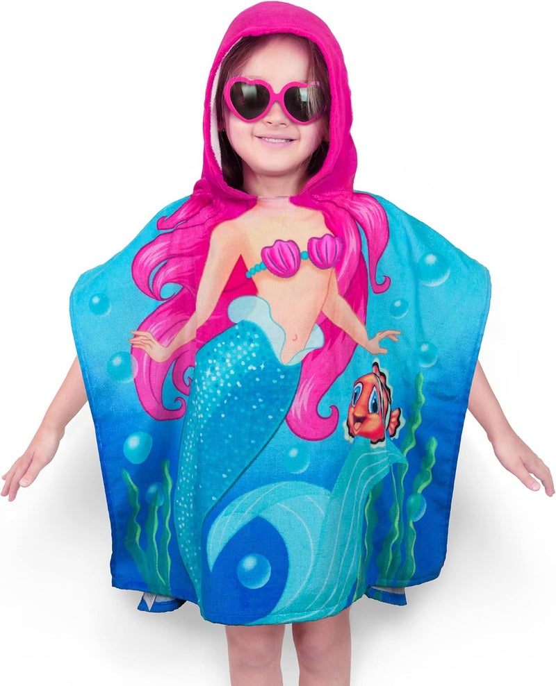 Softerry Mermaid Hooded Poncho Kids Beach Bath Swim Towel 100 Cotton for 27 Years 28 x 47 70 x 120cm inches Mermaid Fun - Image 1