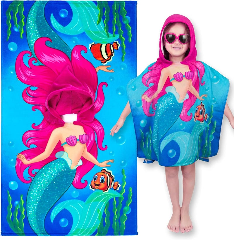 Softerry Mermaid Hooded Poncho Kids Beach Bath Swim Towel 100 Cotton for 27 Years 28 x 47 70 x 120cm inches Mermaid Fun - Image 2