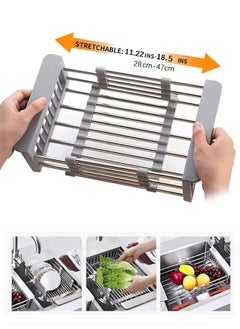 Arabest Expandable Dish Drying Rack, Telescopic Dish Drainer with Board Divider, Kitchen Rack Drain Basket for Vegetable and Fruit(Grey)  - Image 1