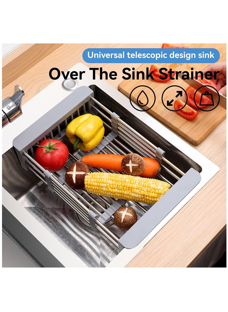 Arabest Expandable Dish Drying Rack, Telescopic Dish Drainer with Board Divider, Kitchen Rack Drain Basket for Vegetable and Fruit(Grey)  - Image 3