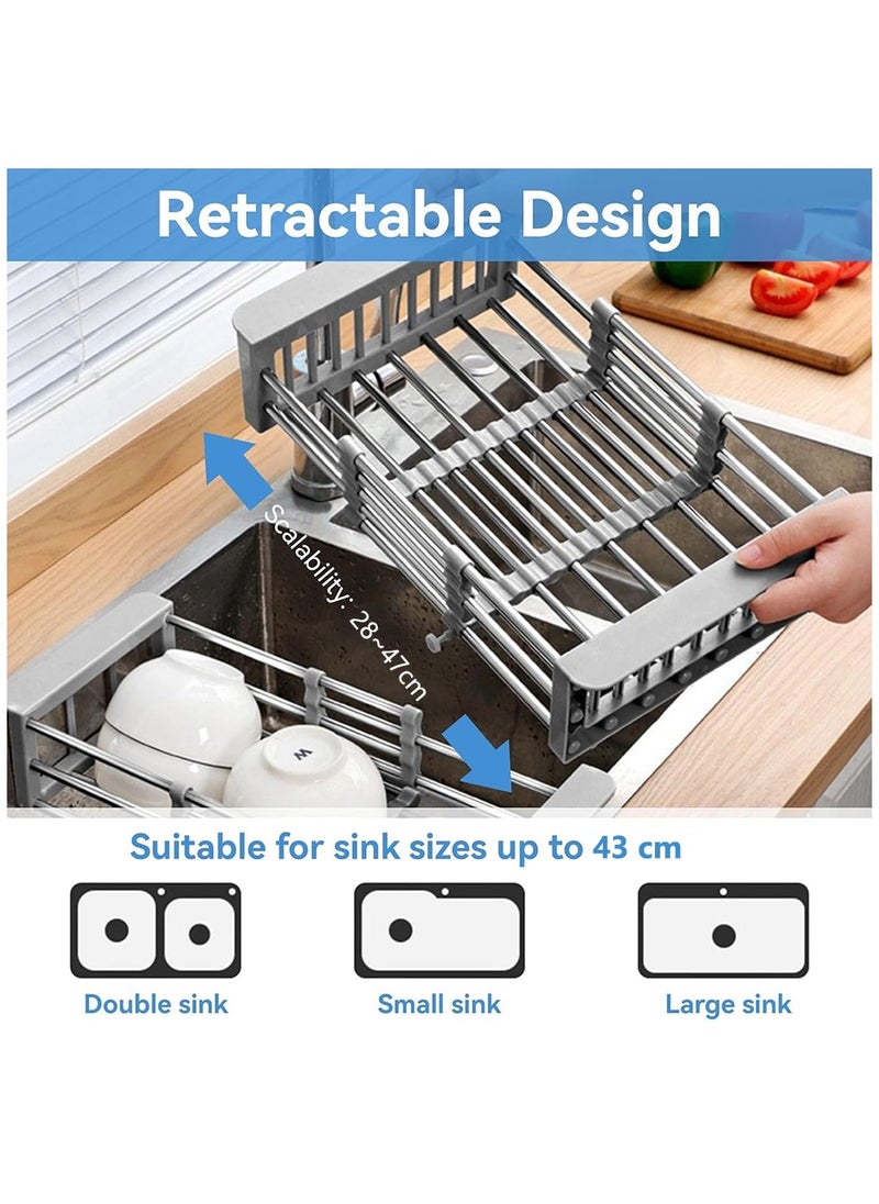 Arabest Expandable Dish Drying Rack, Telescopic Dish Drainer with Board Divider, Kitchen Rack Drain Basket for Vegetable and Fruit(Grey)  - Image 2