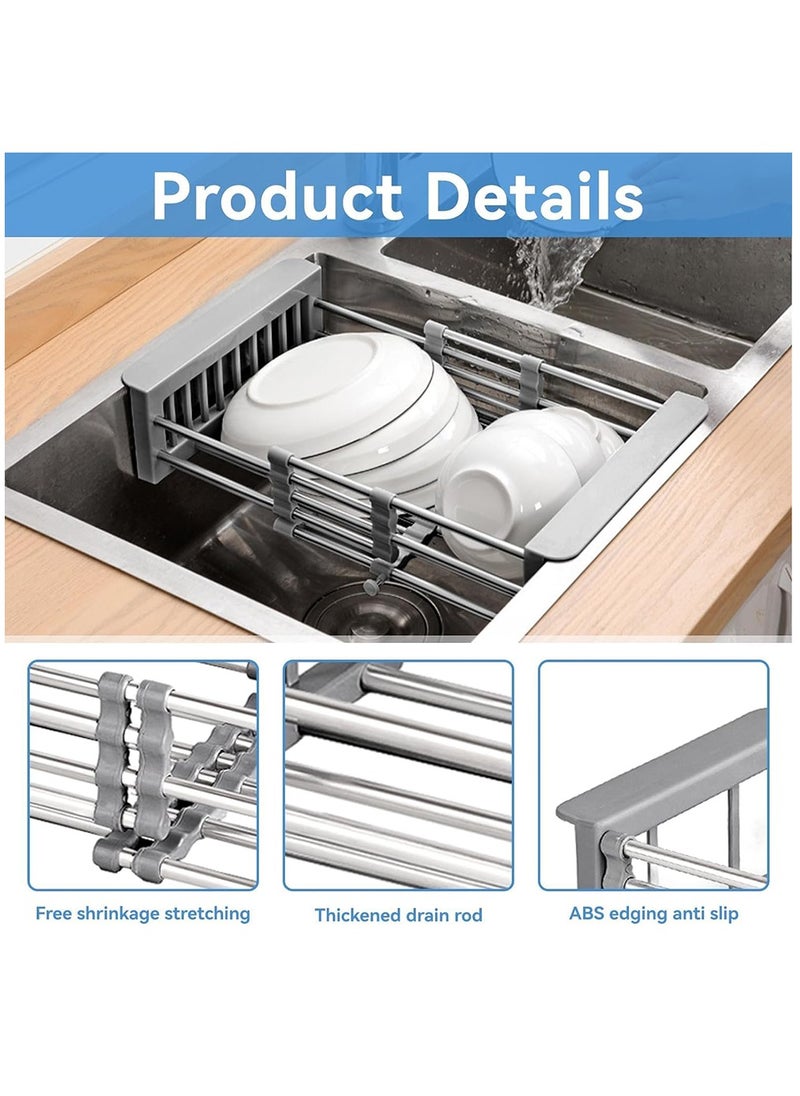 Arabest Expandable Dish Drying Rack, Telescopic Dish Drainer with Board Divider, Kitchen Rack Drain Basket for Vegetable and Fruit(Grey)  - Image 4