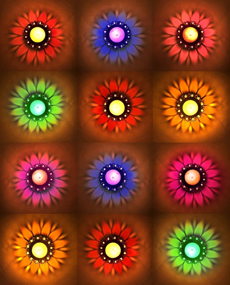 zenkova 3D Reflection Diya Diwali Decoration Items for Home Decor Transparent Multicolor Water Floating Reflections Plastic Oil Diya for Home Diwali Festival Decoration 12 Diya - Image 1
