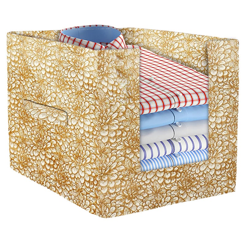 Kuber Industries Kuber Industries NonWoven Flower Print Foldable Shirt StackerWardrobe Organizer For Shirts Sarees Lehengas With Handle Beige - Image 2