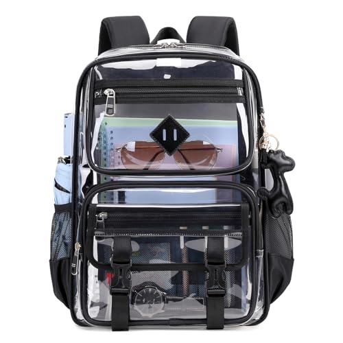 Sisipoet Clear Backpack for School PVC Clear Bookbag Heavy Duty Transparent Backpack for Stadium Events Multiple Pockets See Through Bag for Teens Students Women Men with Leather Pendant Black - Image 1